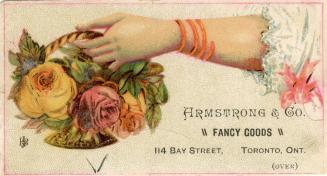 Illustration of a woman's arm holding a basket of red and yellow roses. She is wearing an orang ...