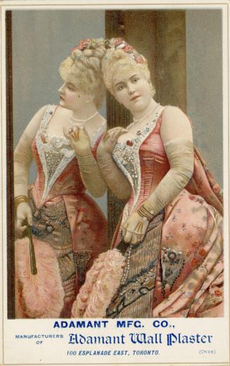 A woman dressed in a fancy salmon coloured eighteenth century dress with a corset. She is weari ...