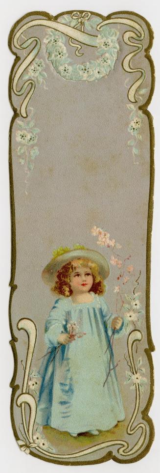 Illustration of a young girl with curly dirty blonde hair in a long satin blue dress and a hat  ...