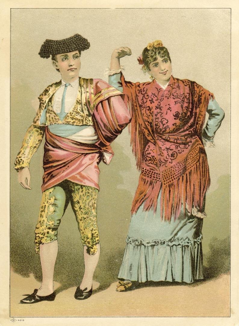 Illustration of a man and a woman. He is wearing a traditional Spanish bullfighter's uniform, a ...