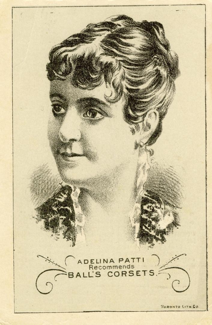 Portrait illustration of opera singer Adelina Patti. Her dark wavy hair is elegantly tied back. ...