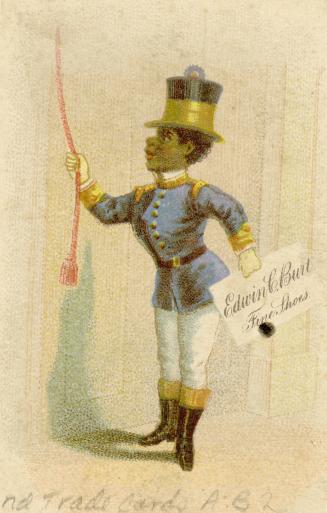 Illustration of a Black man wearing something resembling a lion tamer's outfit, with a tall top ...