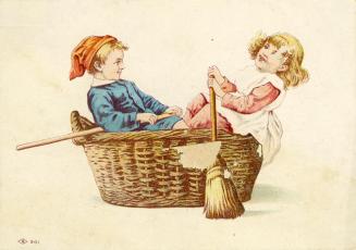 Illustration of two children, a boy and a girl, sitting in a basket that is meant to look like  ...