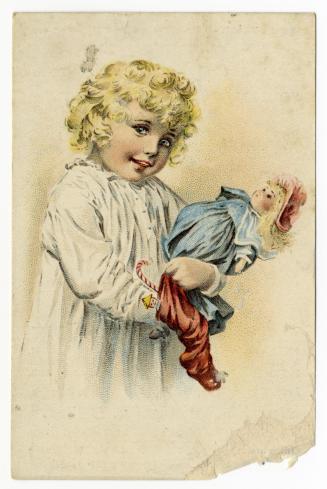Illustration of a smiling little girl with blond curly hair, wearing a white nightgown. She is  ...