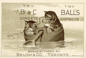 Illustration of two grey tabby kittens in a wooden bucket that is meant to resemble a row boat. ...