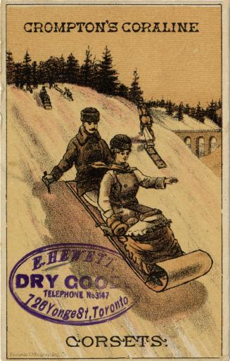 Illustration of a man and a woman tobogganing down a hill. There are trees at the top of the hi ...