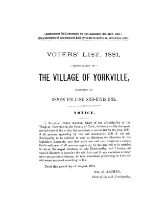 Voters' list, municipality of the village of Yorkville 1881