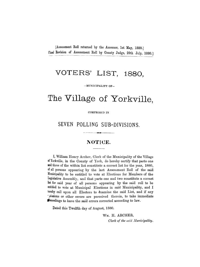 Voters' list, municipality of the village of Yorkville 1880