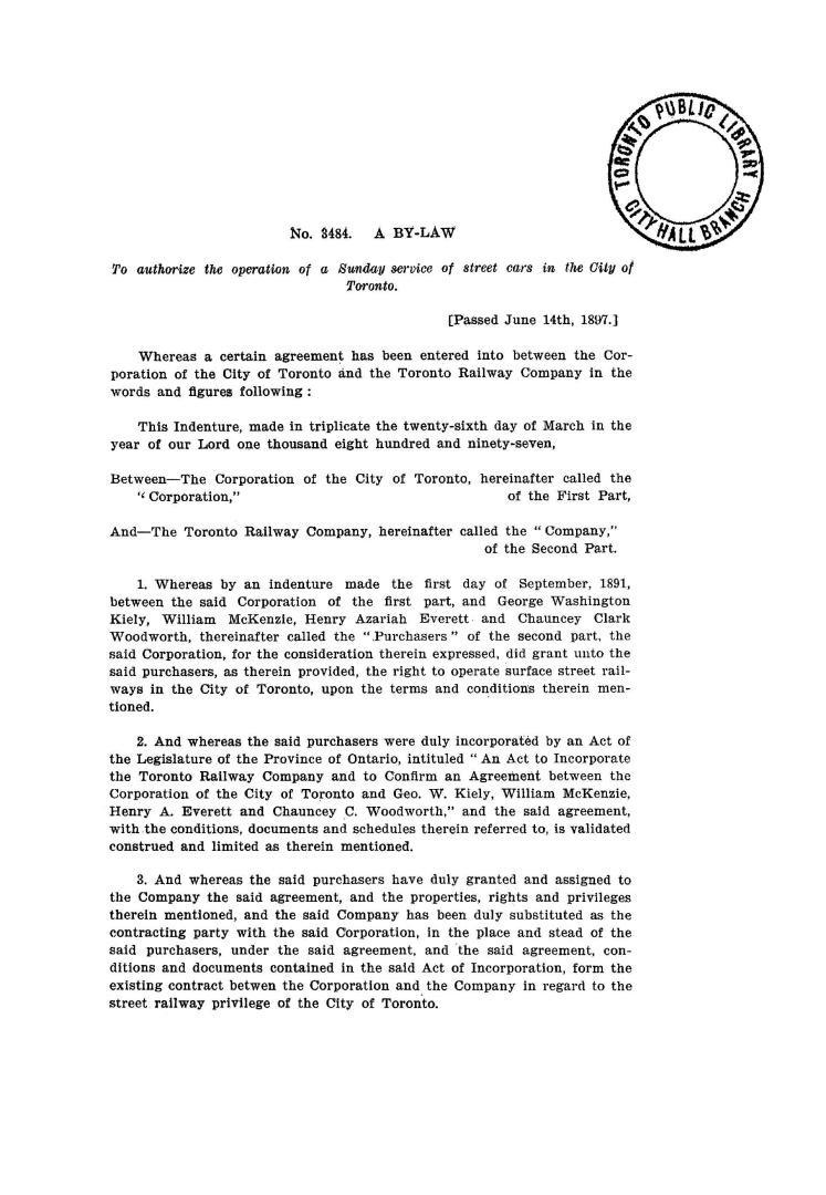 No. 3484 a by-law to authorize the operation of a Sunday service of street cars in the City of Toronto