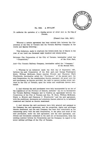 No. 3484 a by-law to authorize the operation of a Sunday service of street cars in the City of Toronto