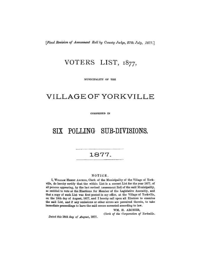 Voters' list, municipality of the village of Yorkville 1877