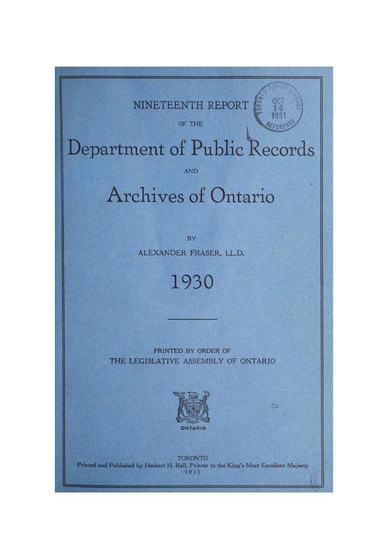 Report (Ontario. Department of Public Records and Archives), 1930