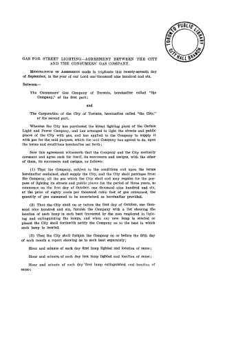 Gas for street lighting: Agreement between the City and Consumers' Gas Co