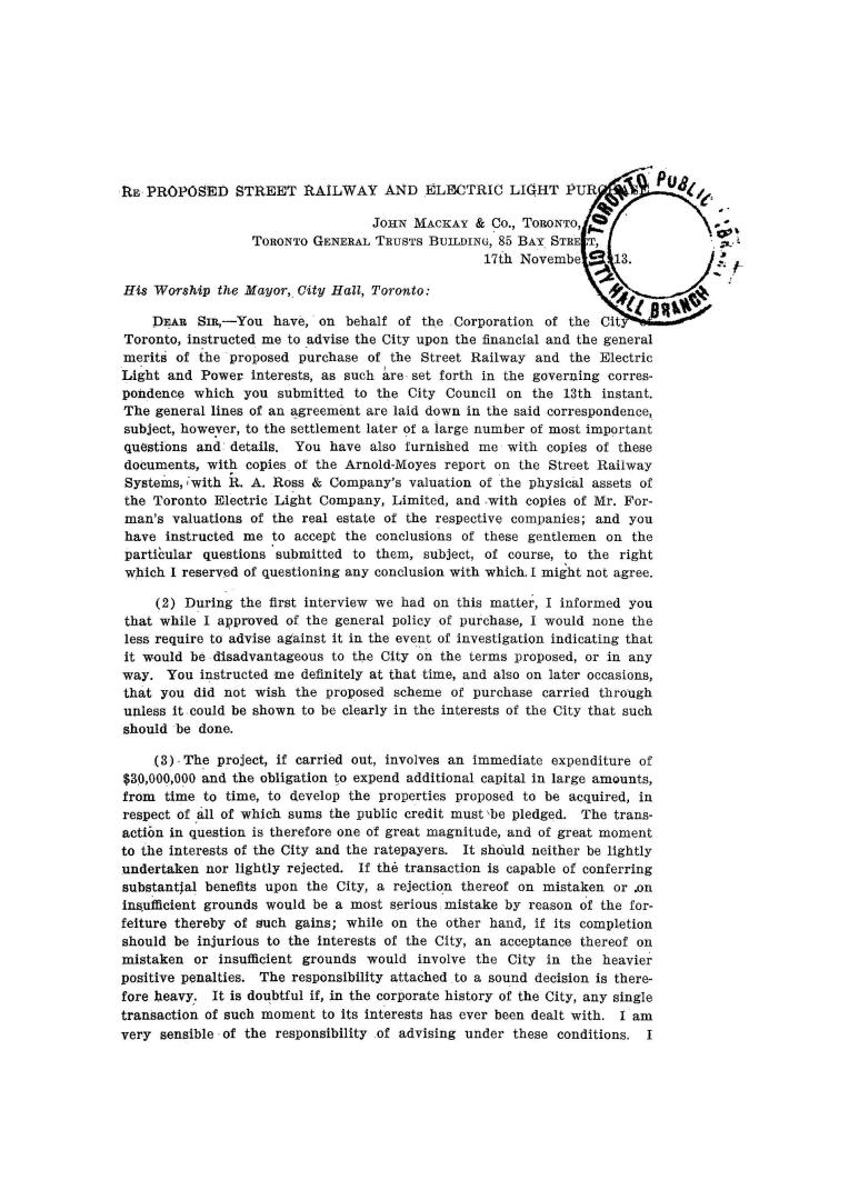 Proposed street railway and electric light purchase