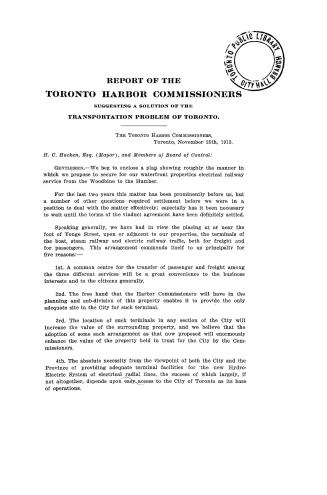 Report of the Toronto Harbour Commissioners suggesting a solution of the transportation problem of Toronto