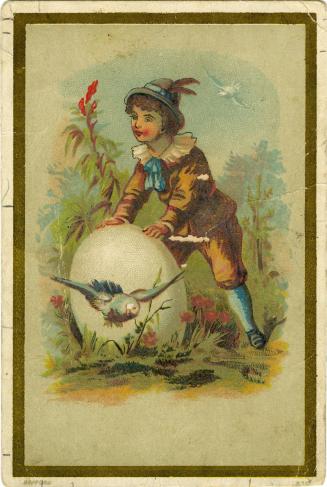 Illustration of a boy dressed in a Little Lord Fauntleroy type outfit. He is outside and there  ...