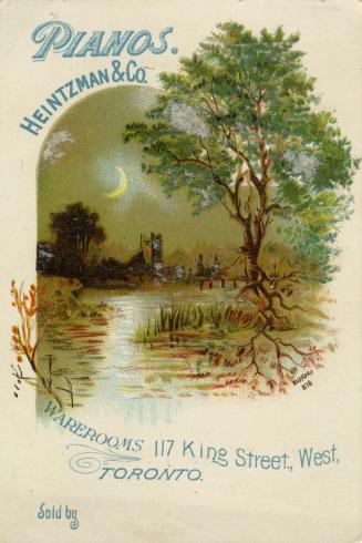 Illustration of a serene scene with a moonlit body of water with a large tree on the shore in t ...