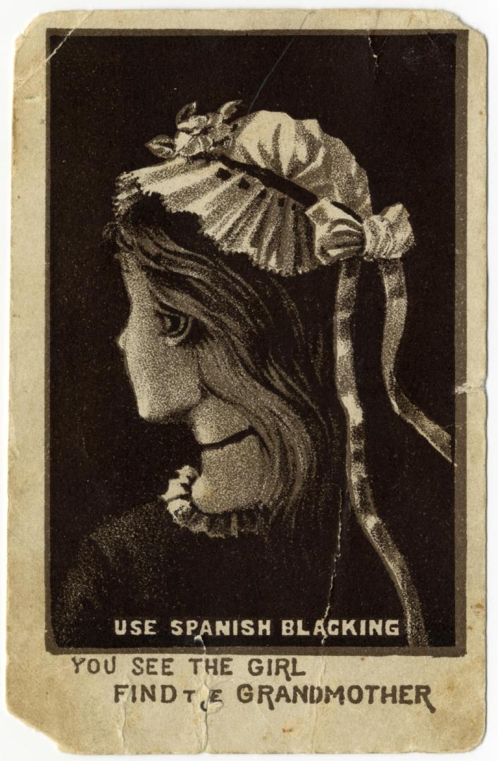 Optical illusion illustration of the side profile of either a young or old woman depending on h ...