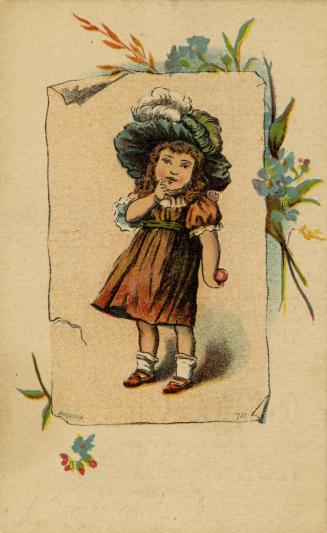 Illustration of a girl with curly brown hair and rosy cheeks, wearing a reddish-orange dress wi ...