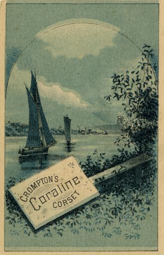 Illustration of a picturesque scene of boats on the water, and greenery along the shore. 