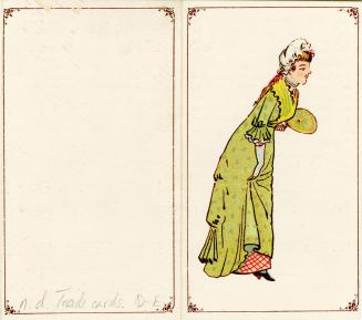 Illustration of woman in a long green dress and a white bonnet. She is holding a fan in her han ...