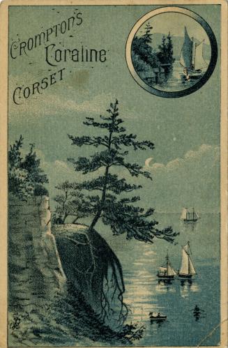 Illustration of a rocky cliff with pine trees overlooking a lake; there are several boats on th ...