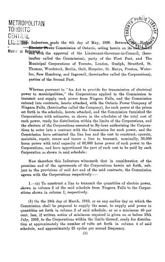 Indenture between the Hydro Electric Power Commission of Ontario and various municipal corporations
