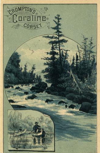 Illustration of a scene with a rushing river; there are large rocks in the water and pine trees ...