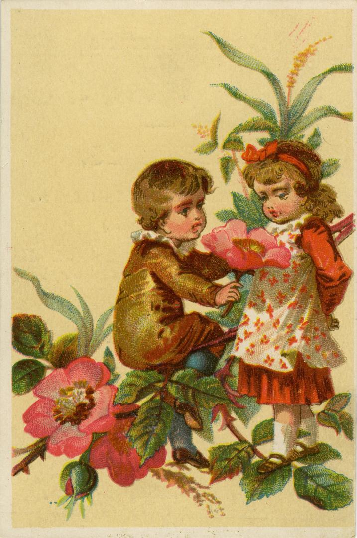 Illustration of a girl and boy on a branch of a giant flowering plant or tree; the boy is sitti ...