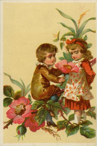 Illustration of a girl and boy on a branch of a giant flowering plant or tree; the boy is sitti ...