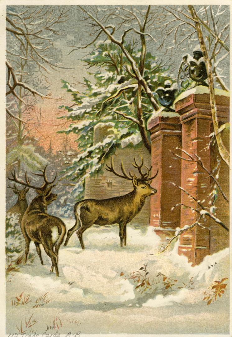 Illustration of a wintery scene with three male deer. They are standing in front of a brick ent ...