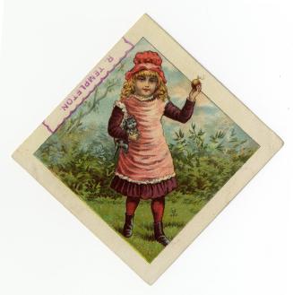 Illustration of a young girl with curly blonde hair, wearing a red and pink dress, red stocking ...
