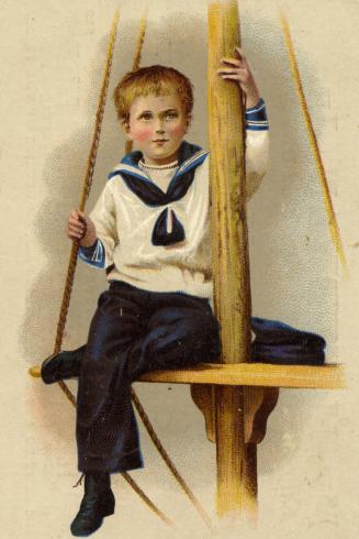 A young rosy-cheeked boy in a sailor's outfit sits atop a wooden ship mast. 