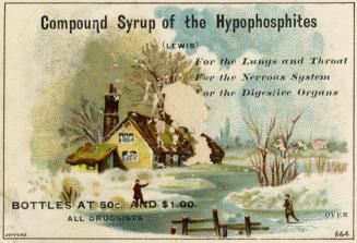 Illustration of a winter scene with a small house by a river. There are two people standing on  ...