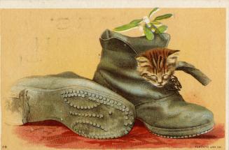 Illustration of a pair of black boots. One of the boots is turned on its side, and a grey tabby ...