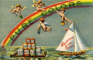 Illustration of four cherubs in the sky, holding paint cans and brushes and painting a rainbow  ...