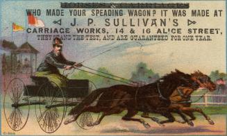 Illustration of a man in a wagon that is being drawn by two horses, one black and one brown. Th ...