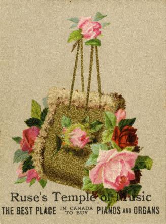 Illustration of a handbag adorned with red and pink roses. 