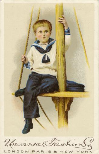 Illustration of a boy with rosy cheeks and dark blond hair wearing a sailor's suit and sitting  ...