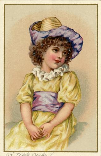Portrait of a rosy cheeked young girl with brown curly hair sitting with her head tilted to one ...