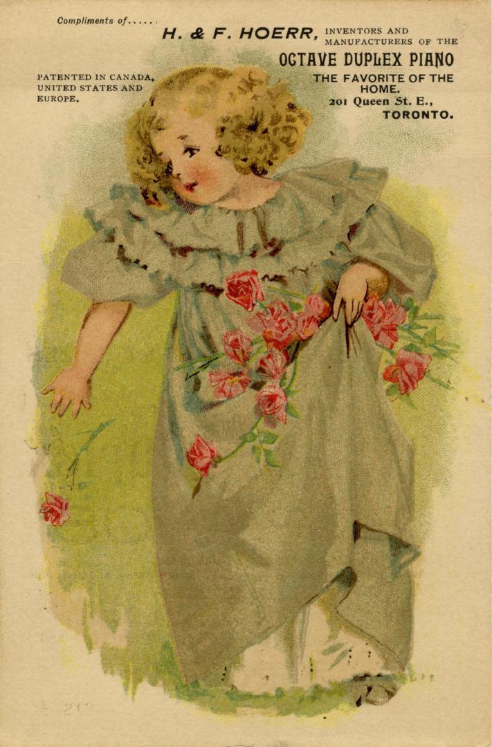 Illustration of a young girl with rosy cheeks and blond ringlets. She is wearing a light green  ...