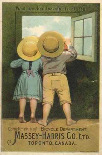 Charming illustration of the backside view of two children, a boy and a girl, peering out a win ...