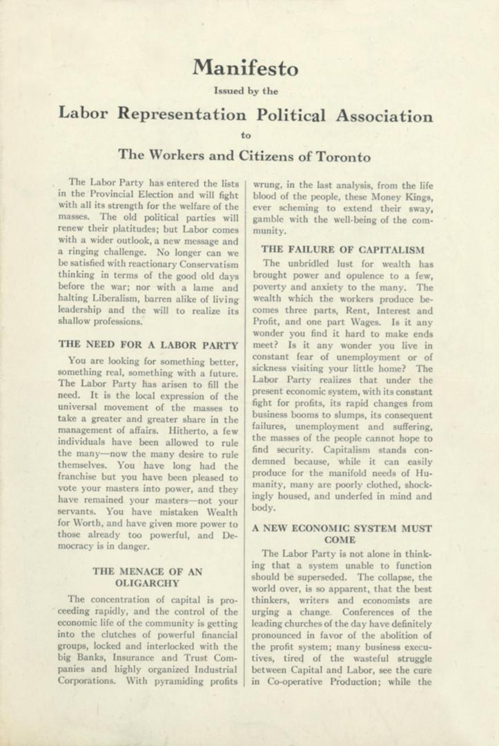 Manifesto issued by the Labor Representation Political Association to the Workers and Citizens of Toronto