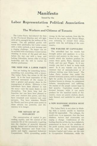 Manifesto issued by the Labor Representation Political Association to the Workers and Citizens of Toronto