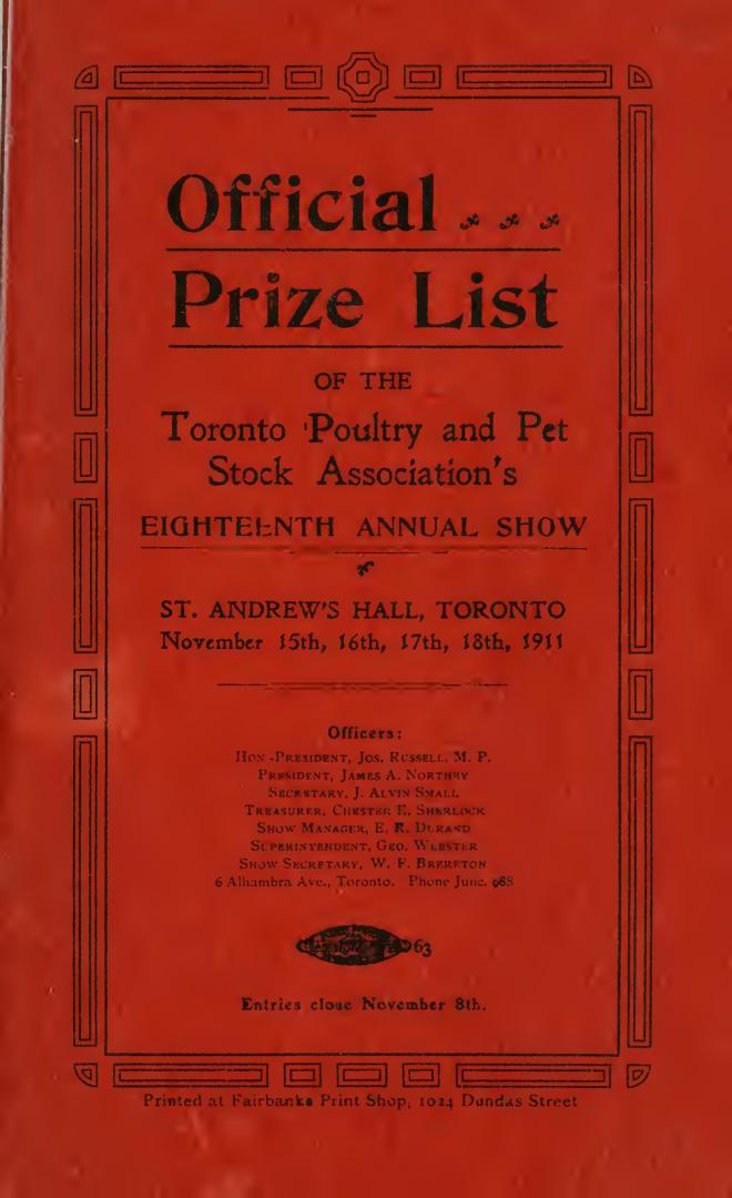 Official prize list : eighteenth annual exhibition of the Toronto Poultry and Pet Stock Association