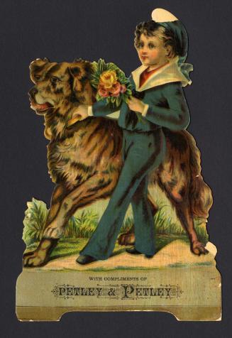 A child in a sailor uniform holding a bouquet of flowers stands next to a large dog. 