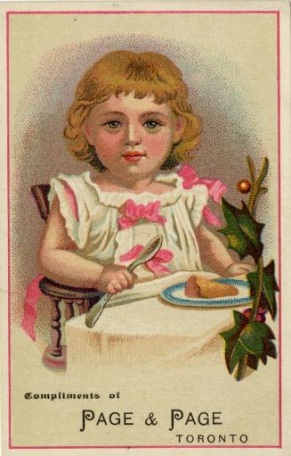 Illustration of a little girl with dark blond wavy hair, wearing a white dress decorated with p ...