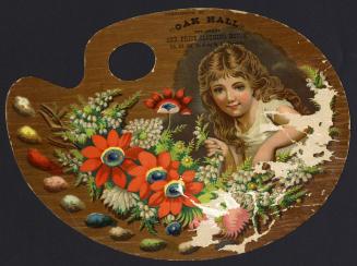 Trade card shaped like a painter's palette, with an illustration of a girl with blue eye, rosy  ...