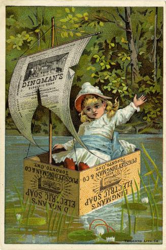 Illustration of a young girl floating down a river in a boat made out of a soap box and the sai ...