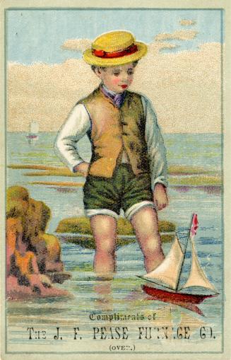 Illustration of a young boy at the seaside. He is wearing pants, a long sleeve shirt and vest,  ...